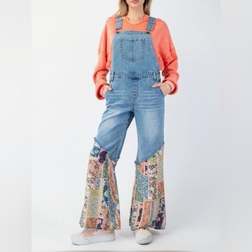 OG Easel Overalls Pants with Patchwork Accent - Light Denim